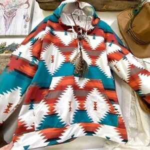 Aztec Patterned Teal and Red Hoodie